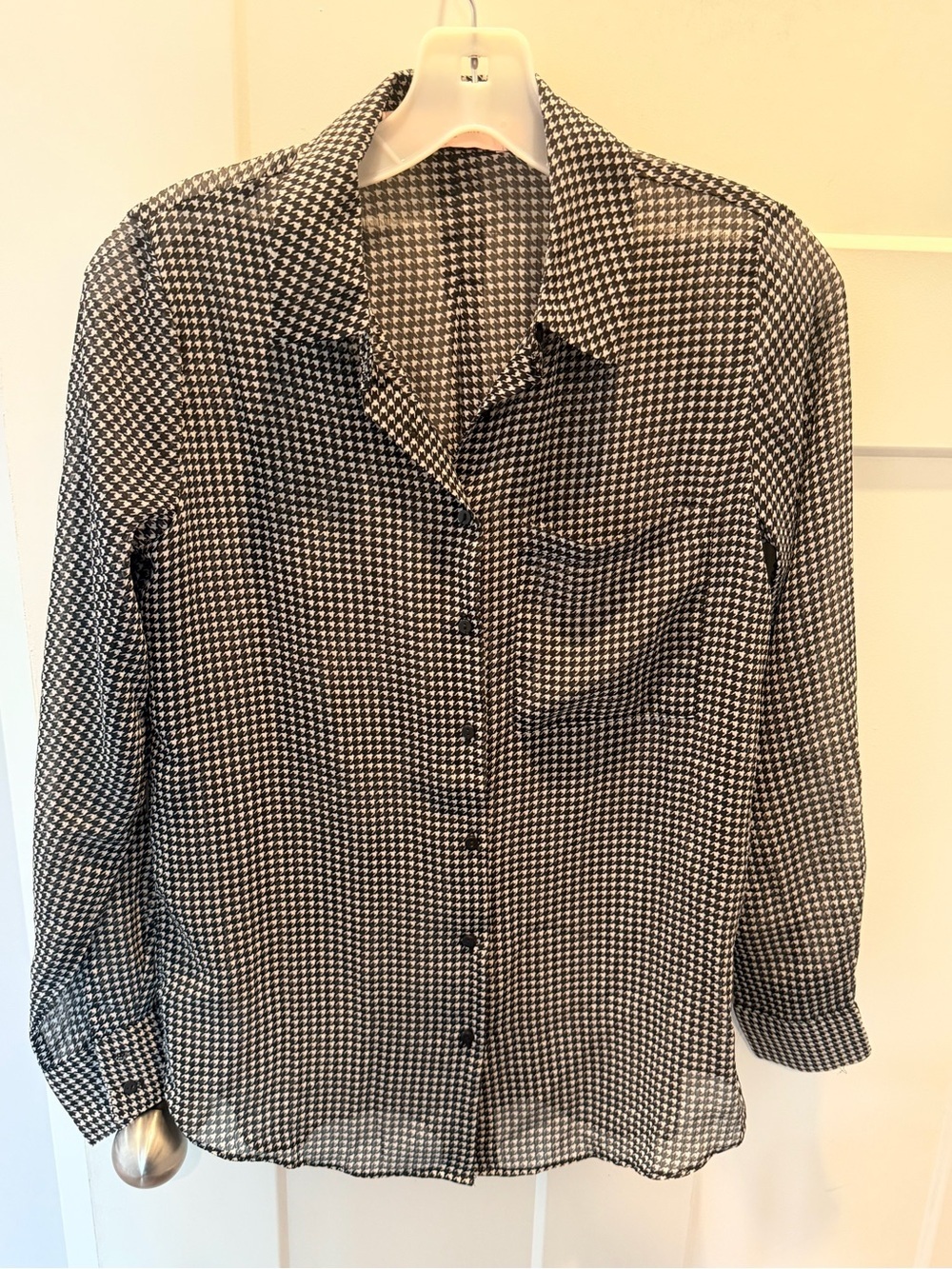 Love For Humanity Couture Small Black White Houndstooth Sheer Button Front